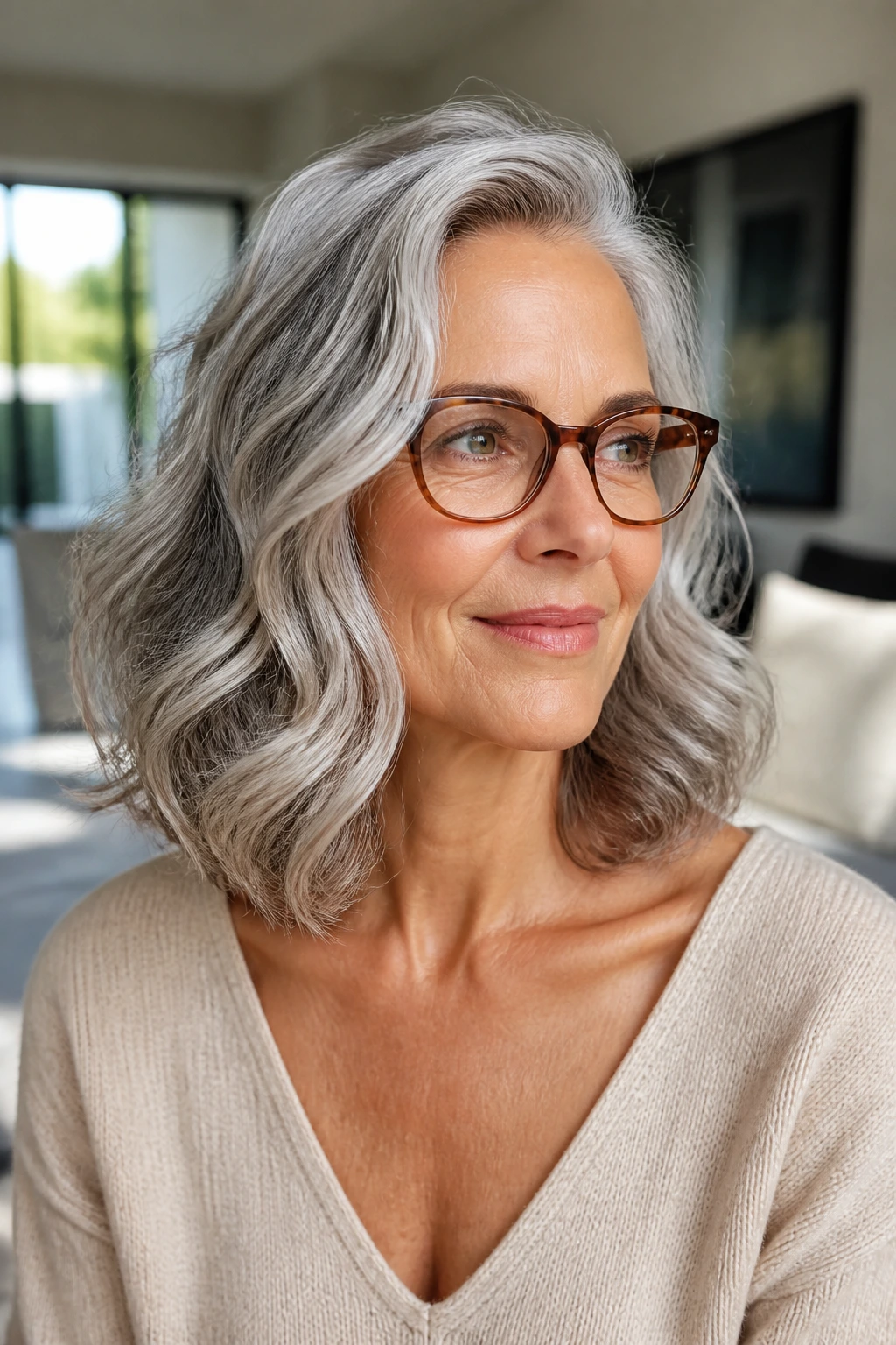 Close-up of a real woman with collarbone-length waves and side part in natural light
