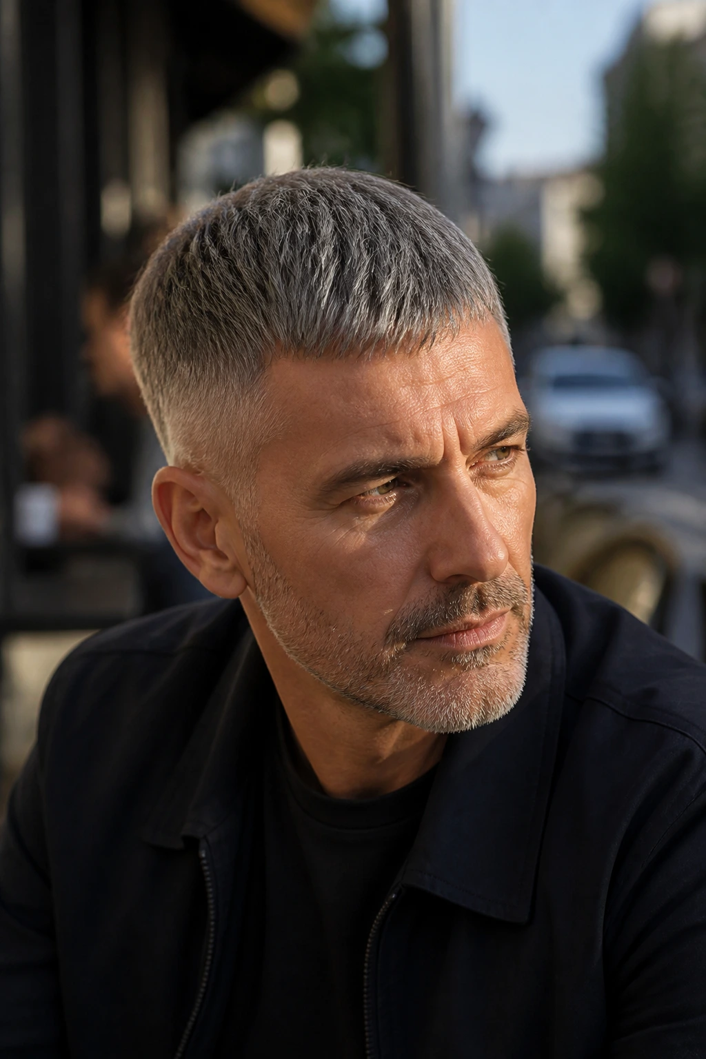 Close-up portrait of a man with a brushed-forward gray crop