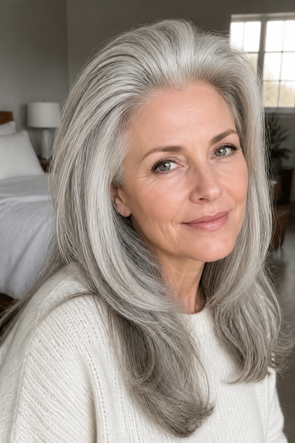 Portrait of a real woman with a silver blowout and crown volume