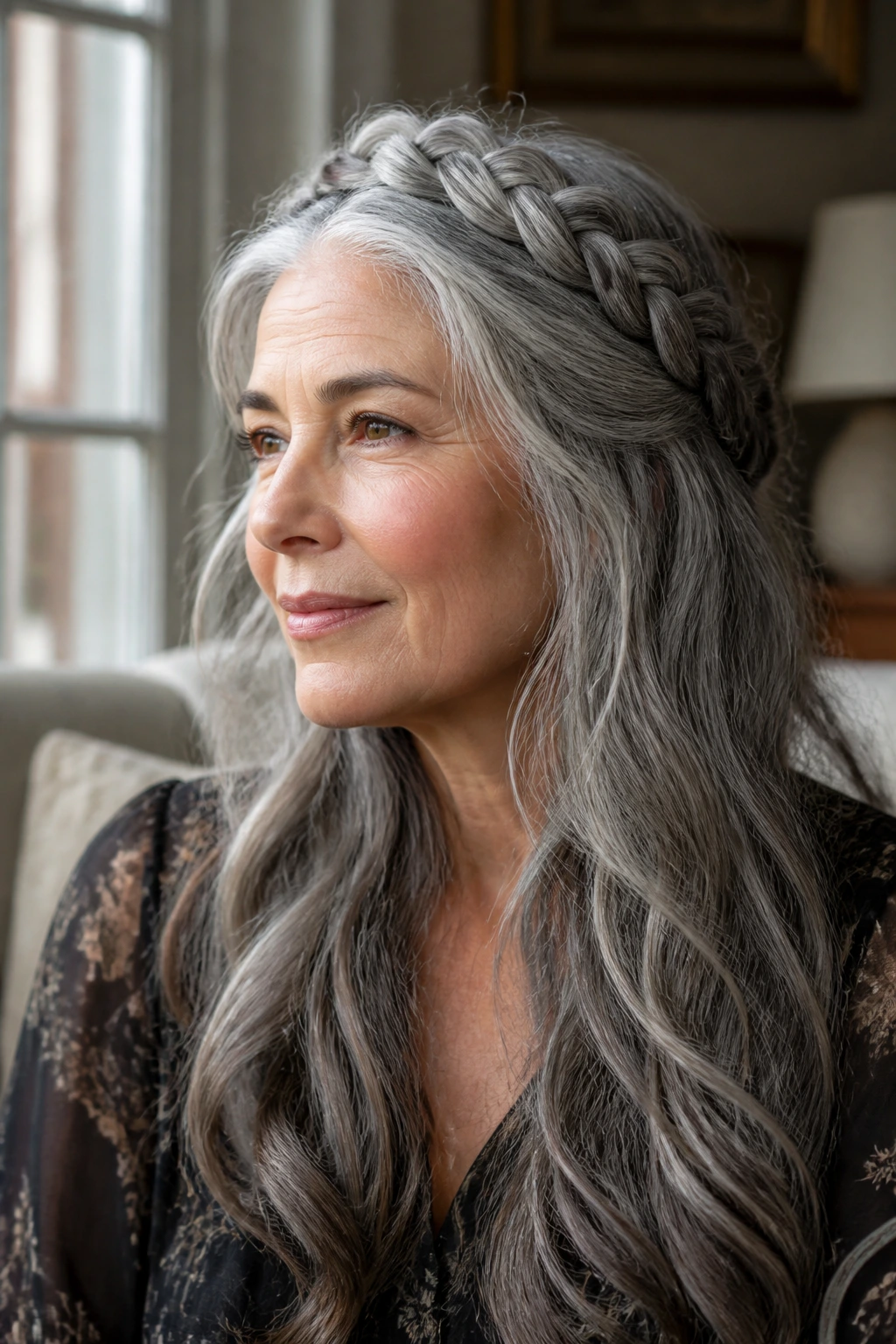 Close-up of a real woman with long gray hair styled in a crown braid in natural window light