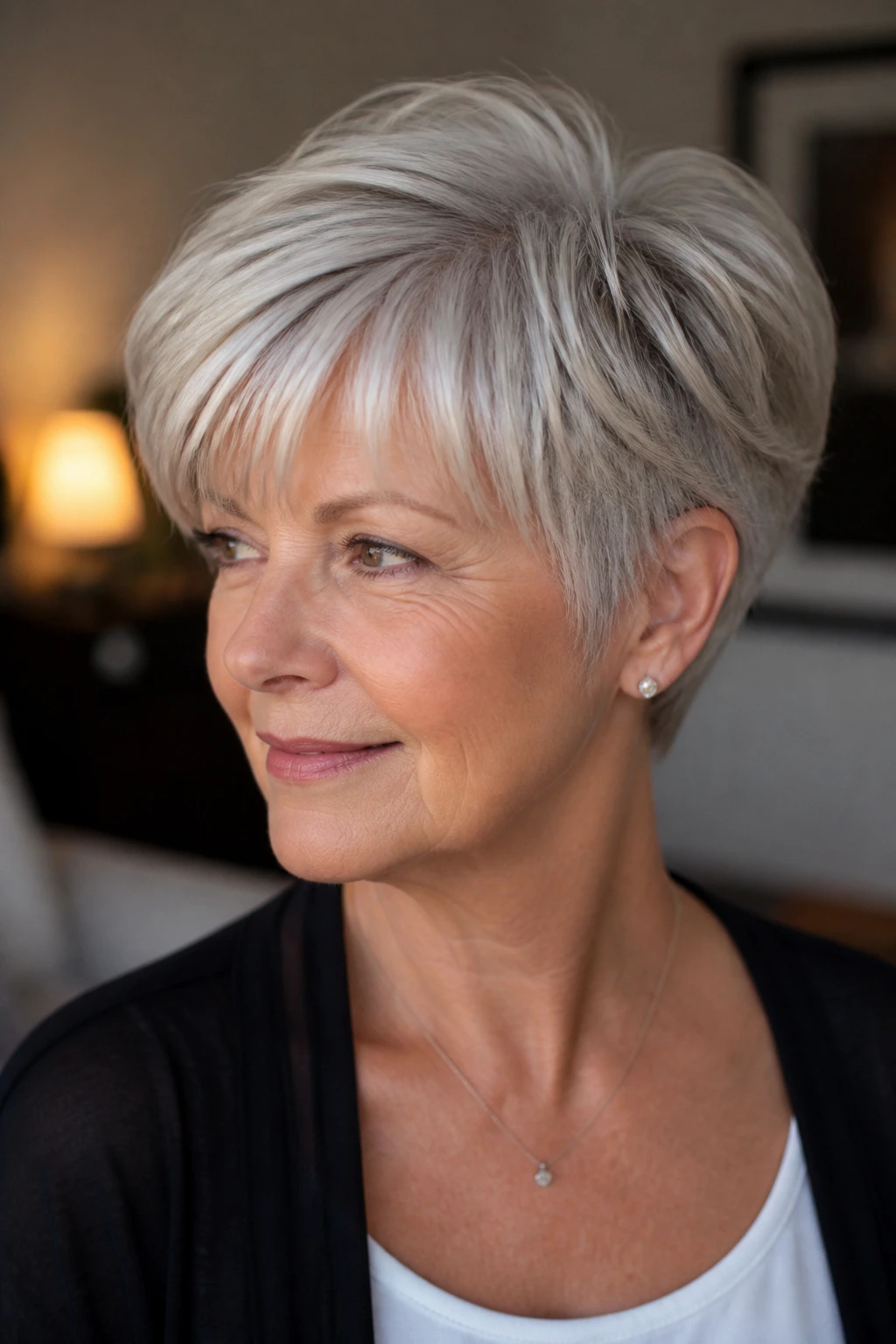 Portrait showing engineered crown lift and clean nape on gray hair.
