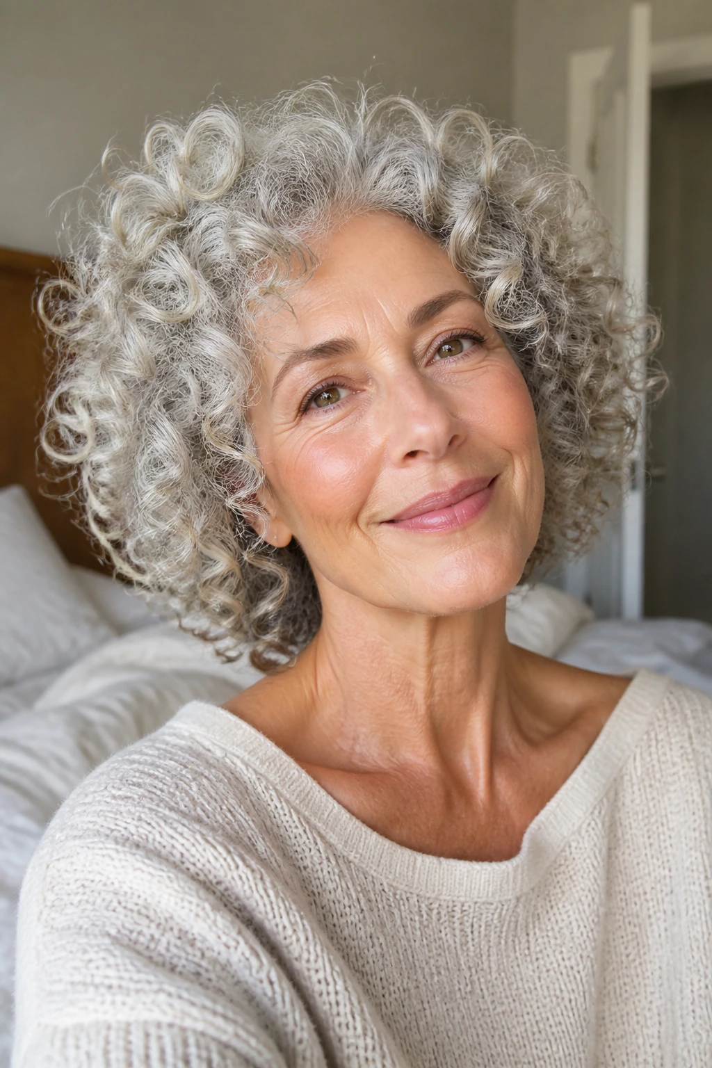 Close-up portrait of a real woman with natural gray curls shaped into a soft halo