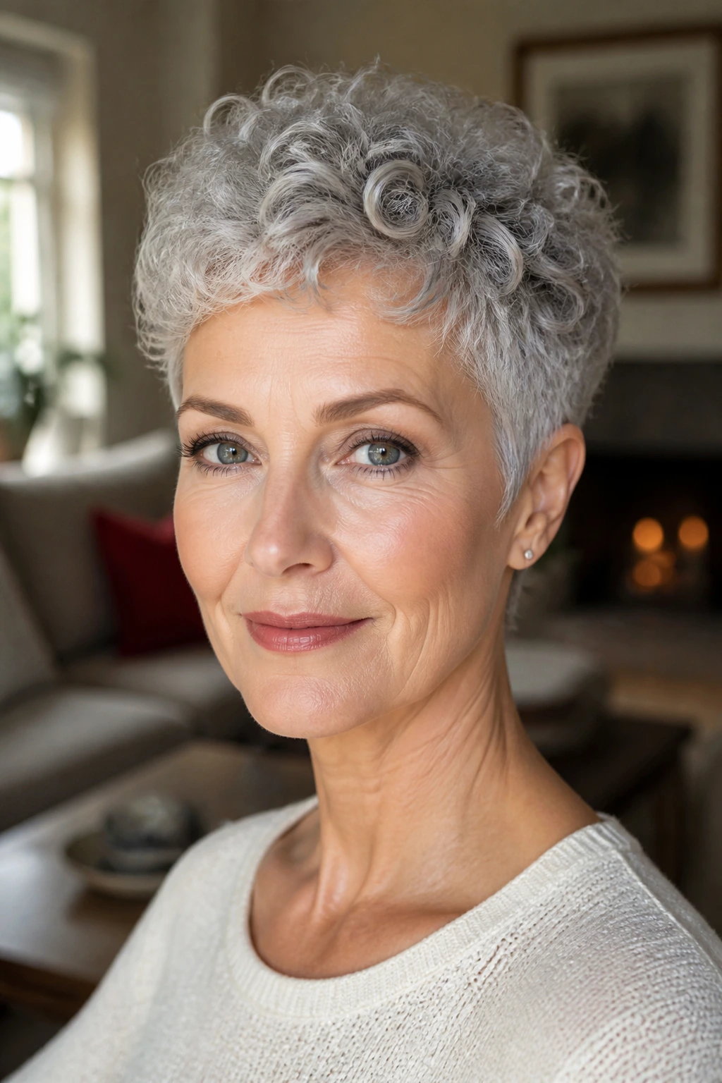 Portrait of older woman with curly-gray halo pixie.