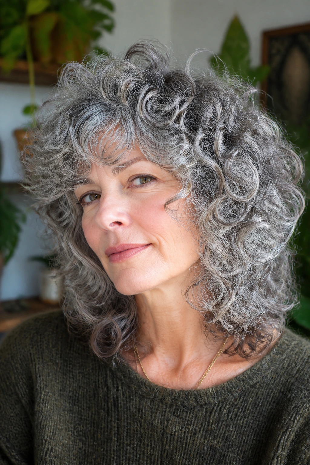 Real person with curly gray shag hairstyle