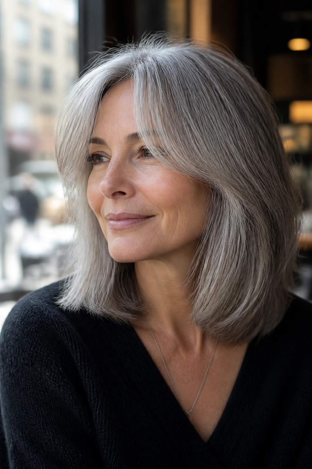 Portrait of woman with curtain bang lob in gray hair