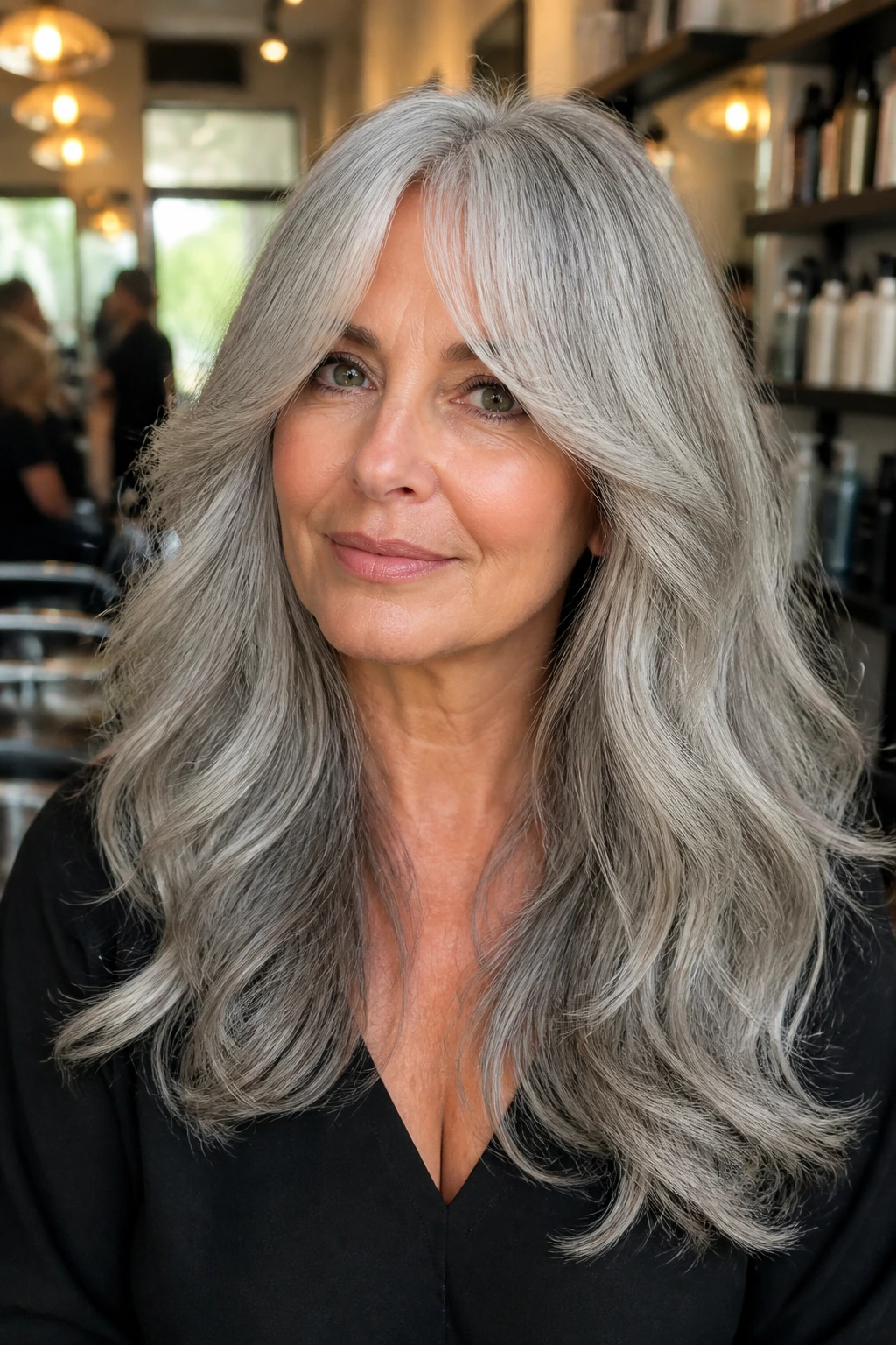 Close-up of a real woman with long gray hair and curtain bangs in a salon setting