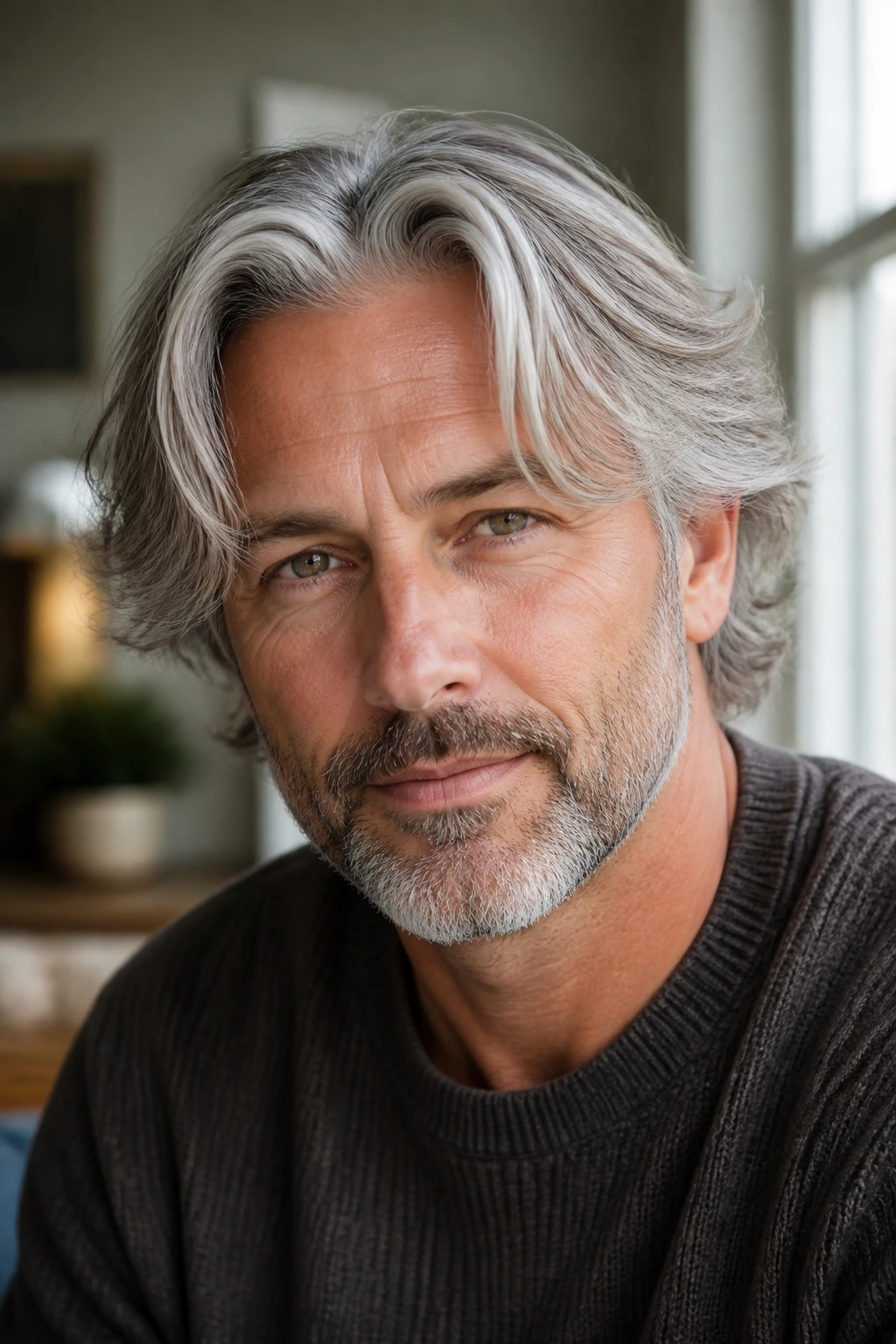 Close-up portrait of a man with gray curtain cut hairstyle.