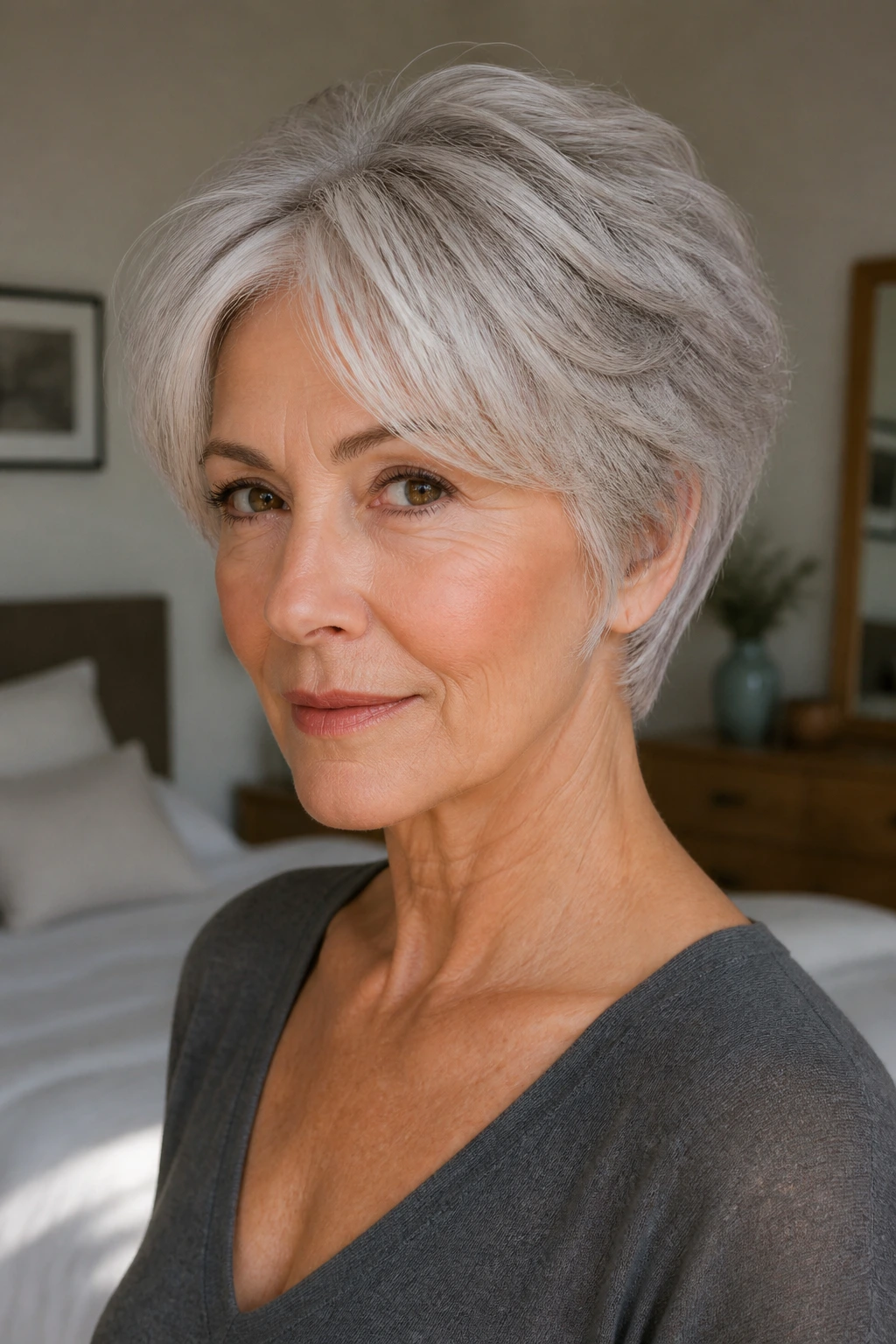 Close-up portrait of an older woman with gray hair and a textured, flattering haircut.