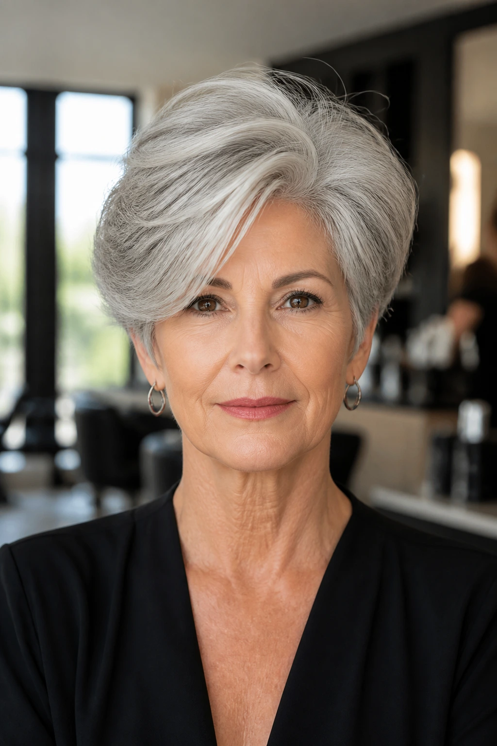 Portrait of gray-haired woman illustrating changes in cutting for gray hair