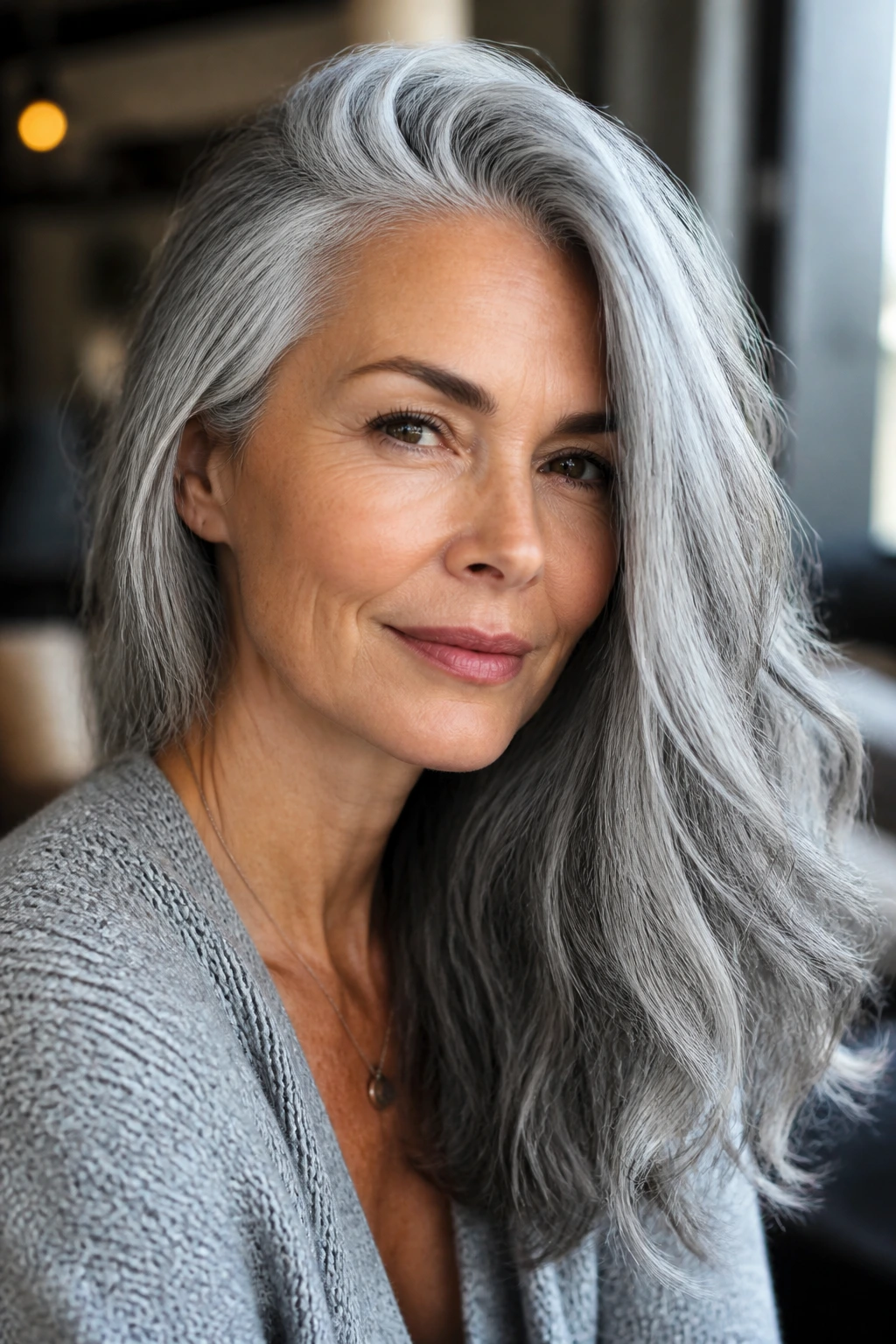 Close-up of a gray-haired woman with a deep side part