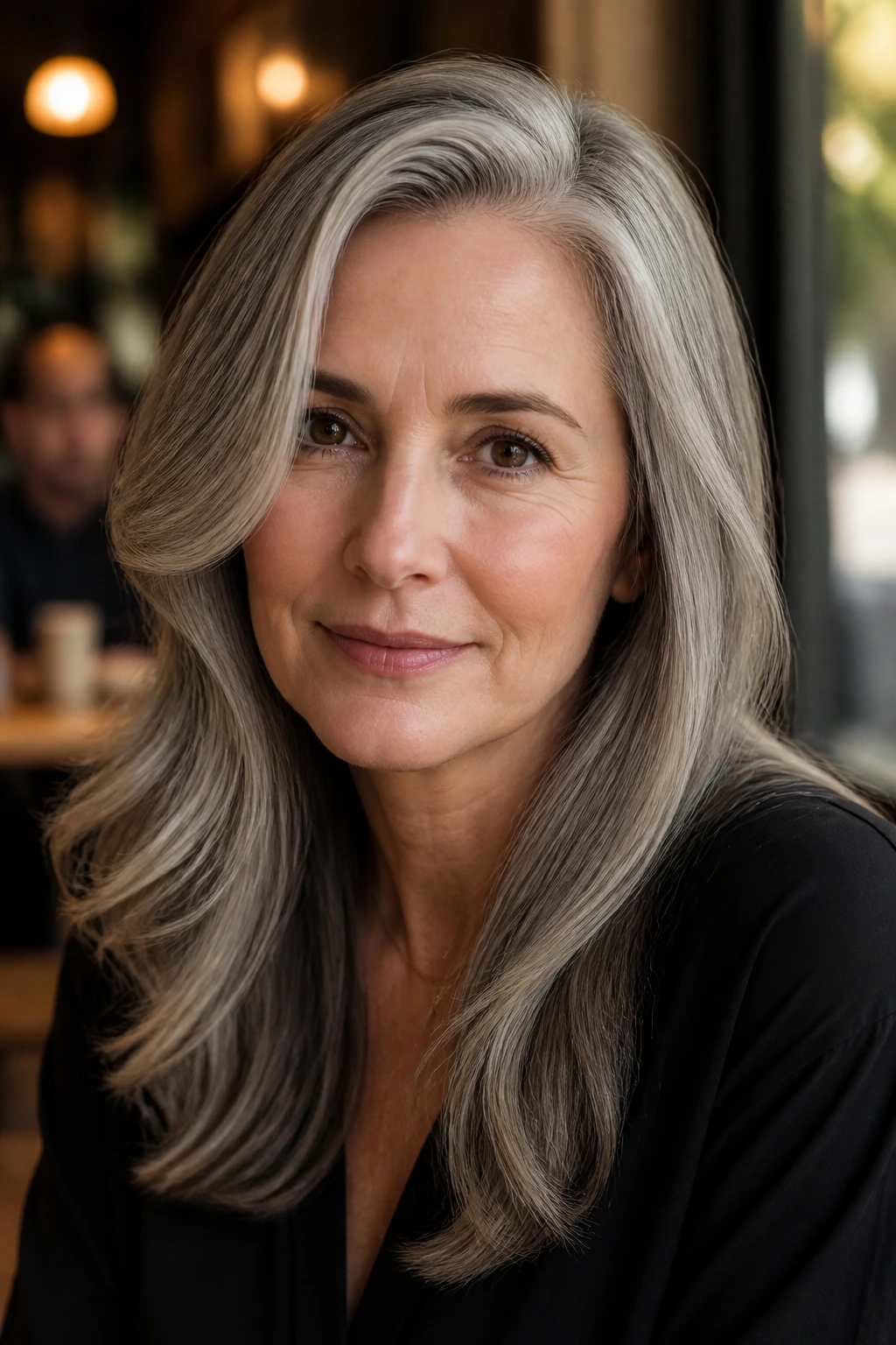Close-up of a real woman with a deep side part and soft bend in gray hair by cafe window light