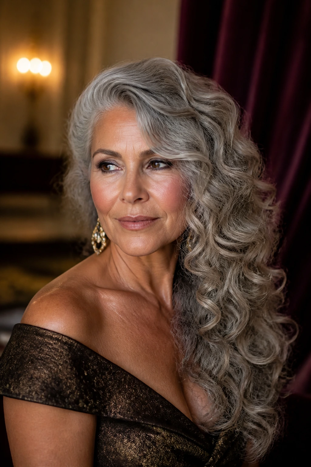 Glamorous portrait of a gray-haired woman with a deep side-part cascade hairstyle