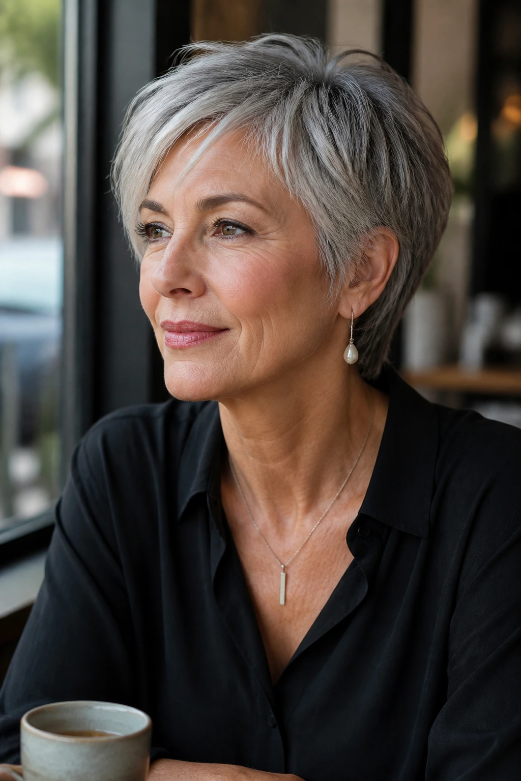 Portrait of a woman with short gray hair in a simple outfit, seated by a cafe window, demonstrating effortless styling