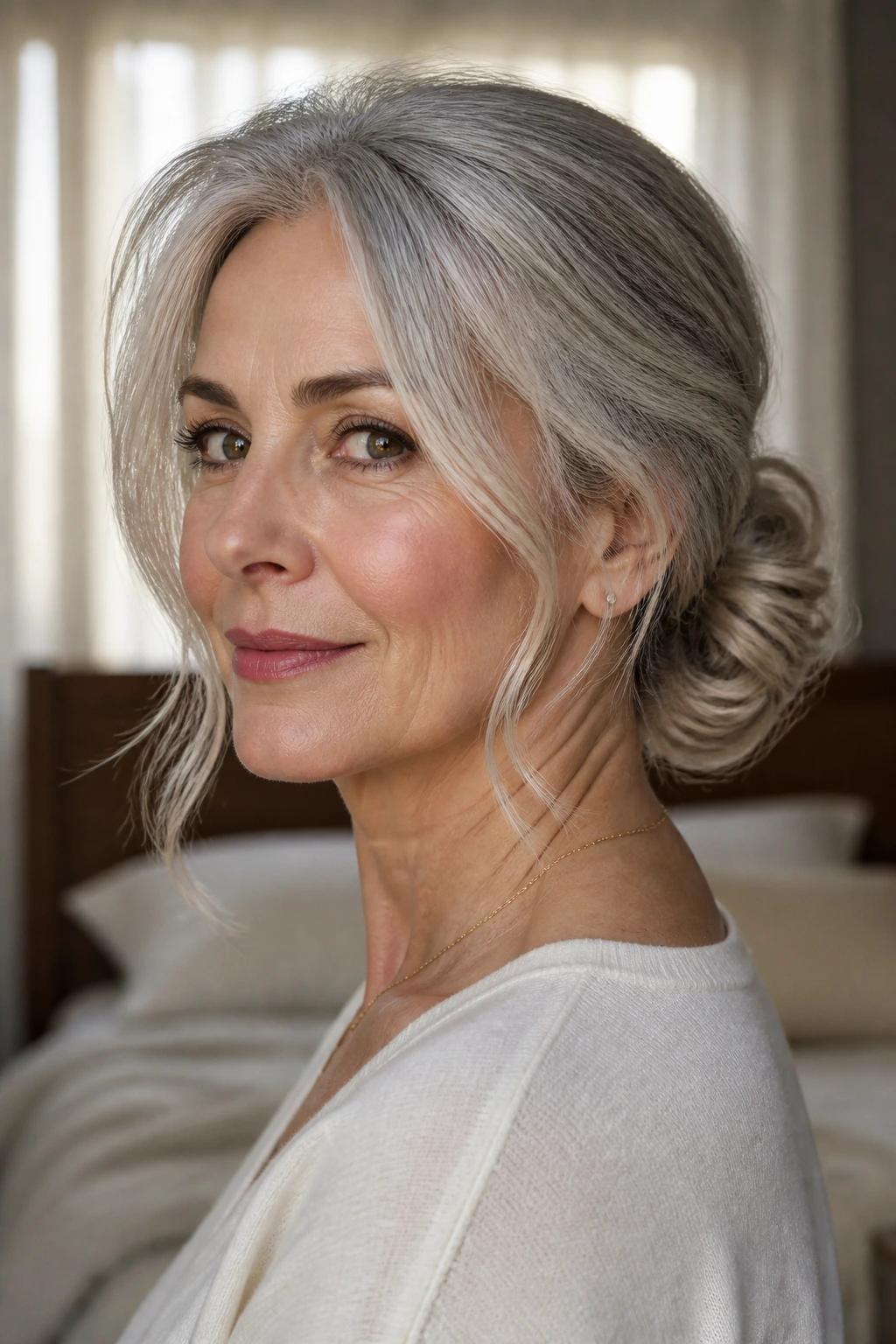 Close-up of a real woman with a loose low chignon and face-framing strands in soft bedroom light