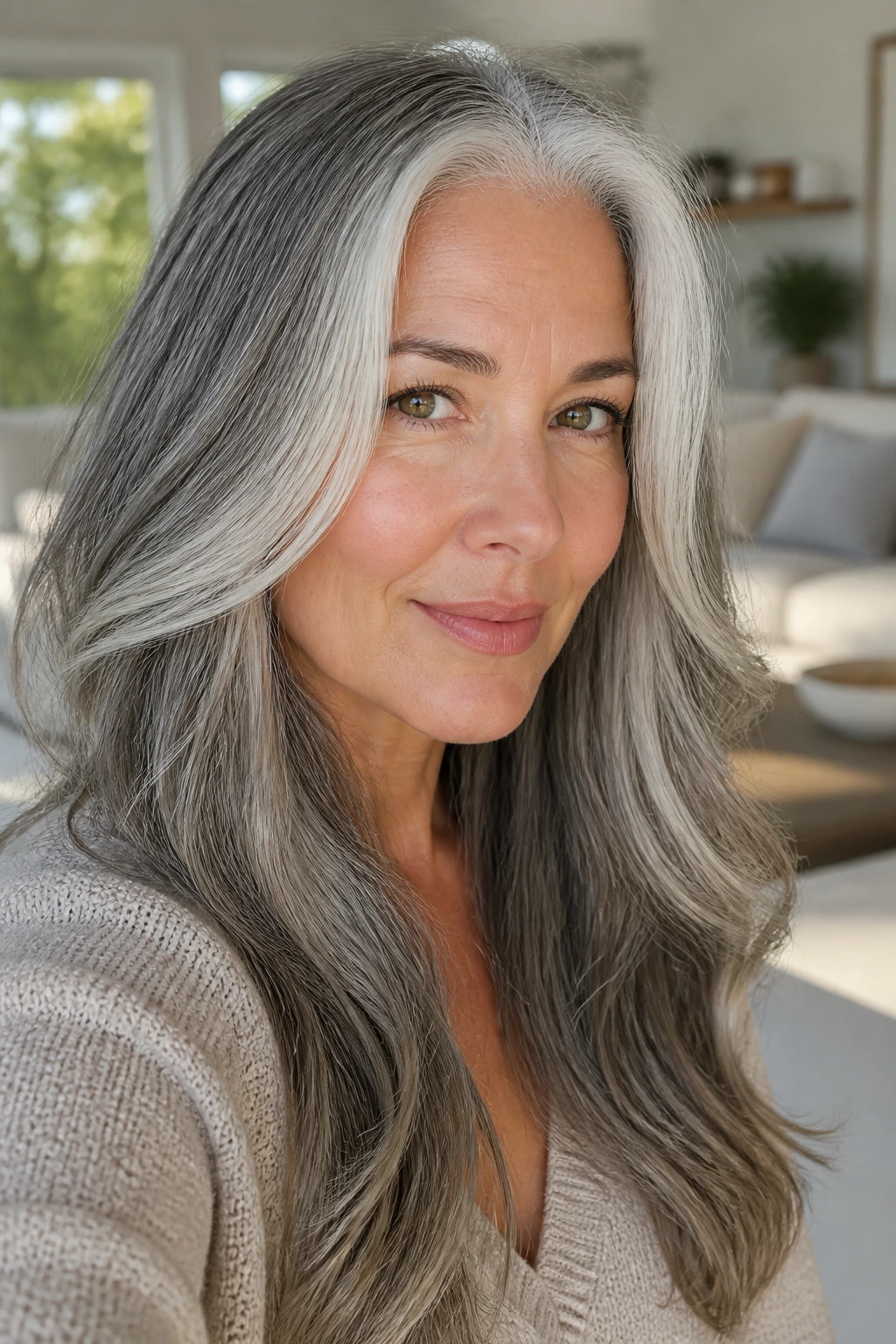 Real woman with gray hair showing bright face-framing pieces and soft lowlights