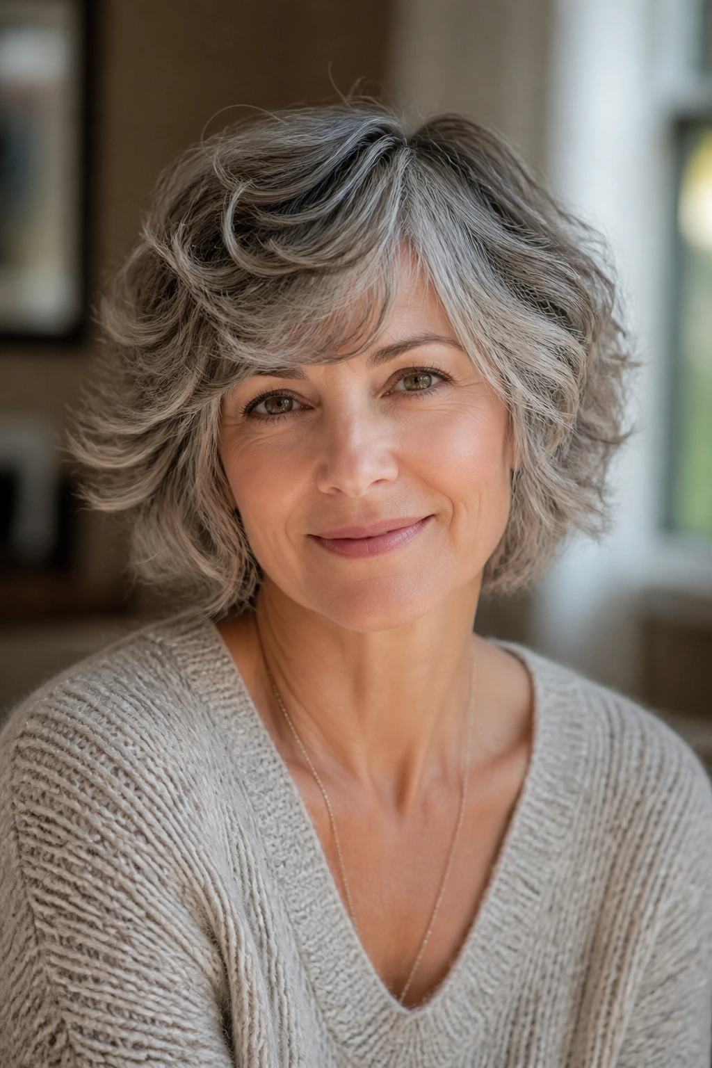 Real woman with layered shaggy bob gray hair portrait in natural light