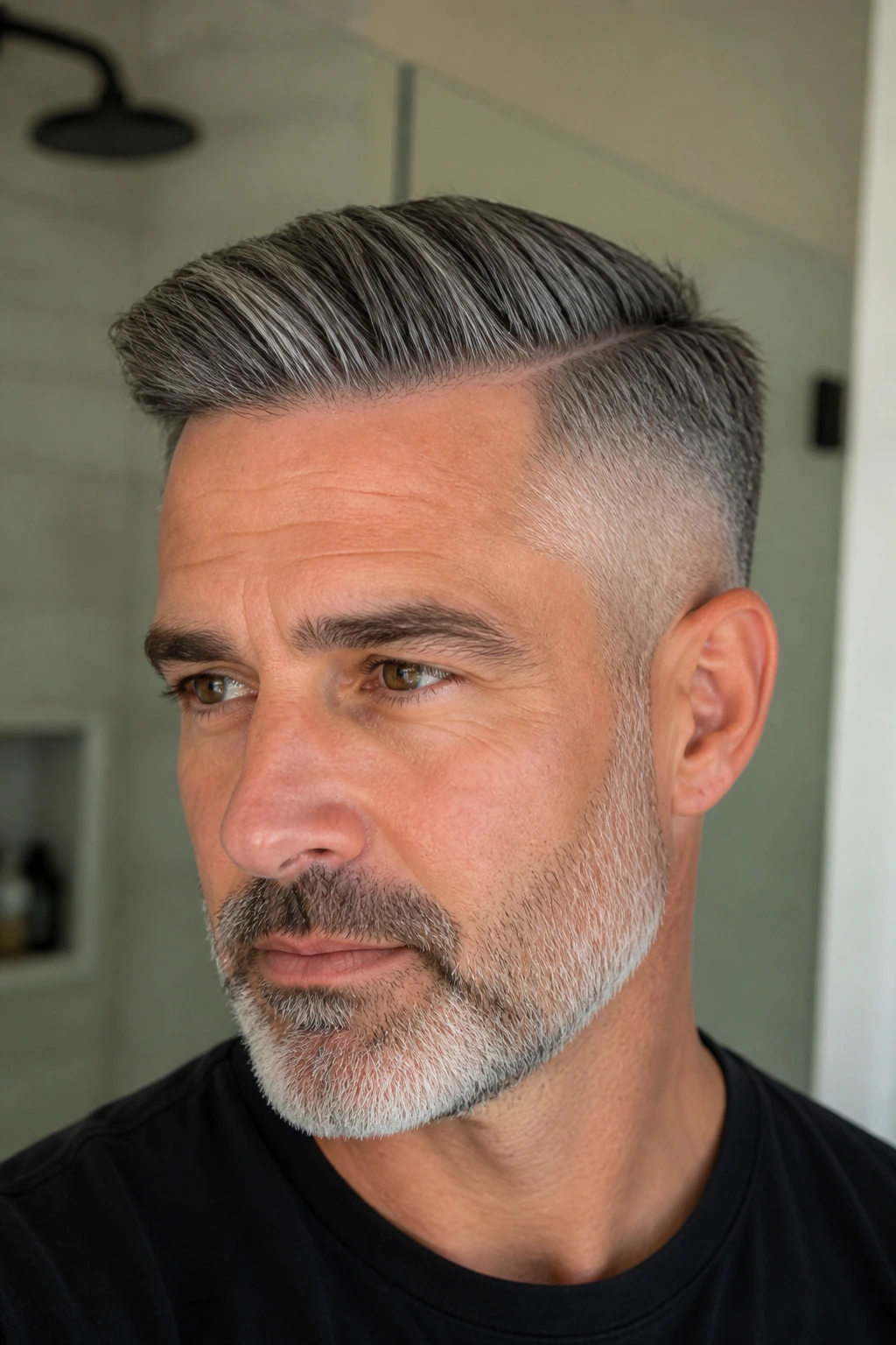 Man with crisp gray fade and side-part in a bathroom setting.
