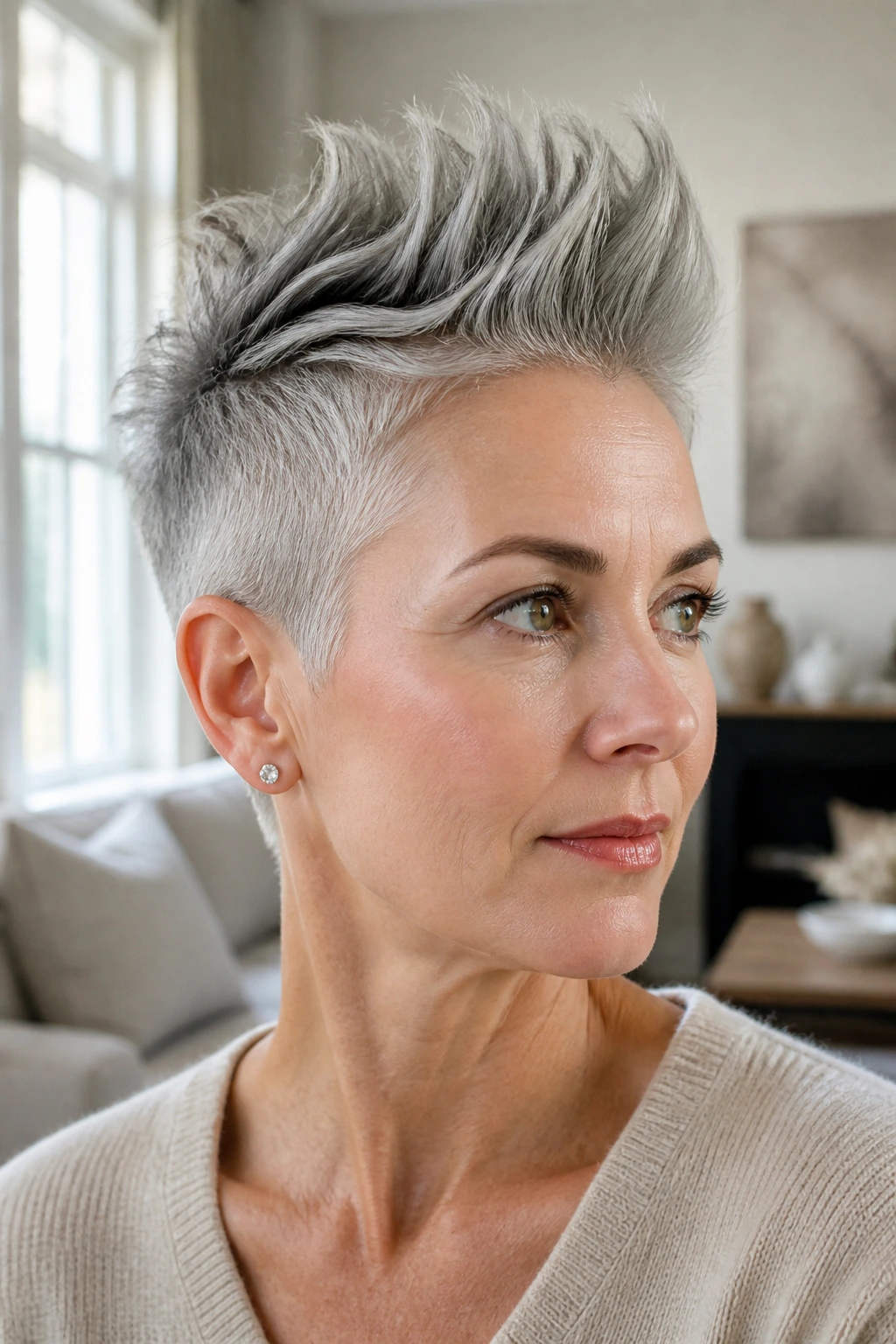 Close-up of a gray-haired person with a sharp faux hawk