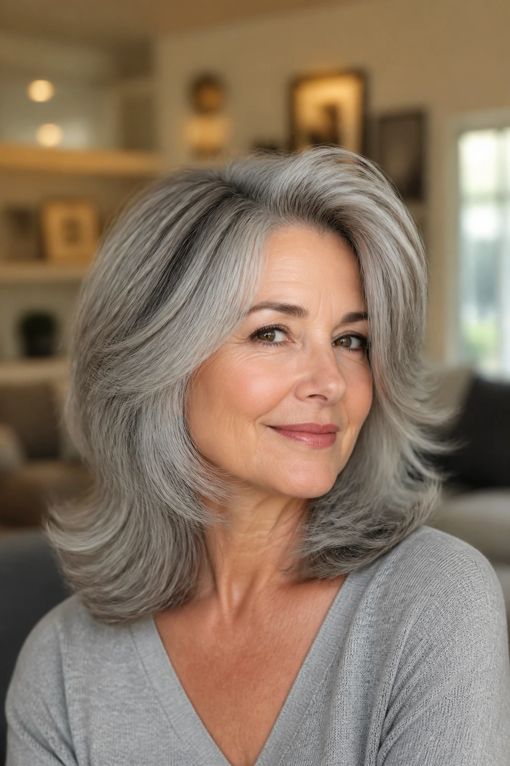Close-up of a real person with gray hair showing feathered layers and crown volume.