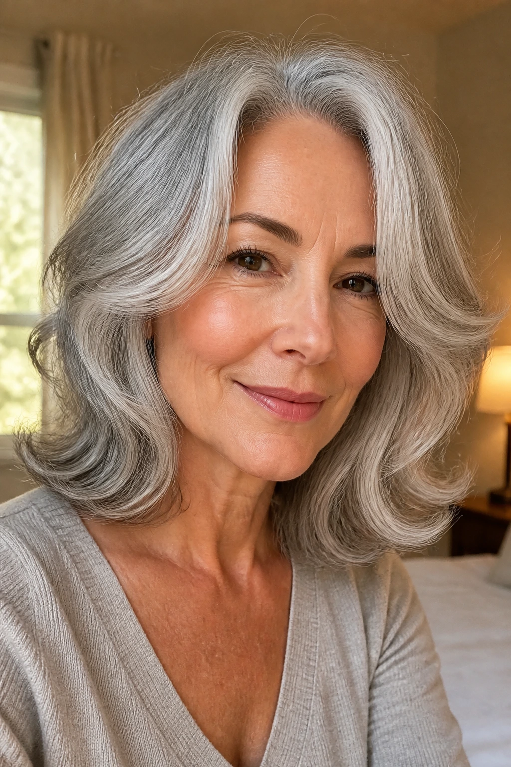Close-up portrait of a real woman with silver-gray waves and feathered layers framing her face