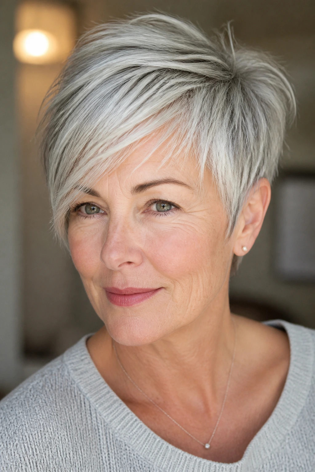 Portrait of a woman with a feathered pixie and side-swept fringe in gray hair