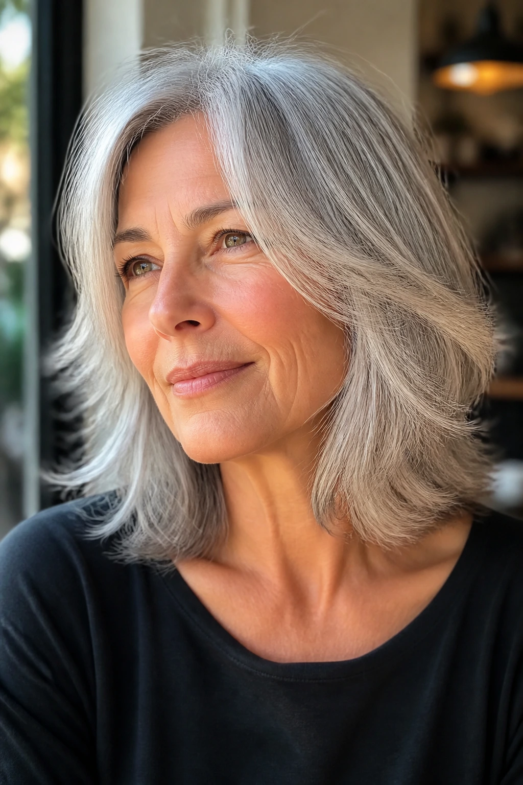 Close-up of a real woman with shoulder-length gray hair feathered at the ends.