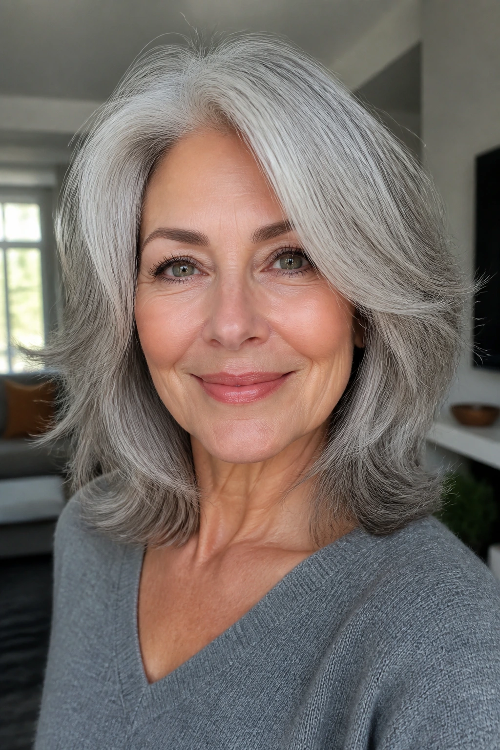 Portrait of a person with gray/silver feathered layers