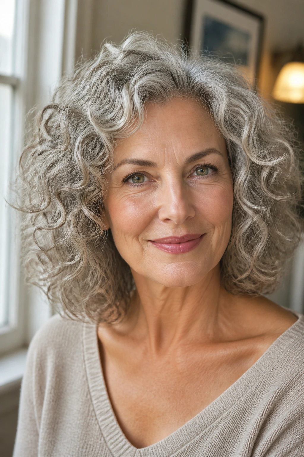 Close-up of a woman with shoulder-length gray curls in a fine-curl lift