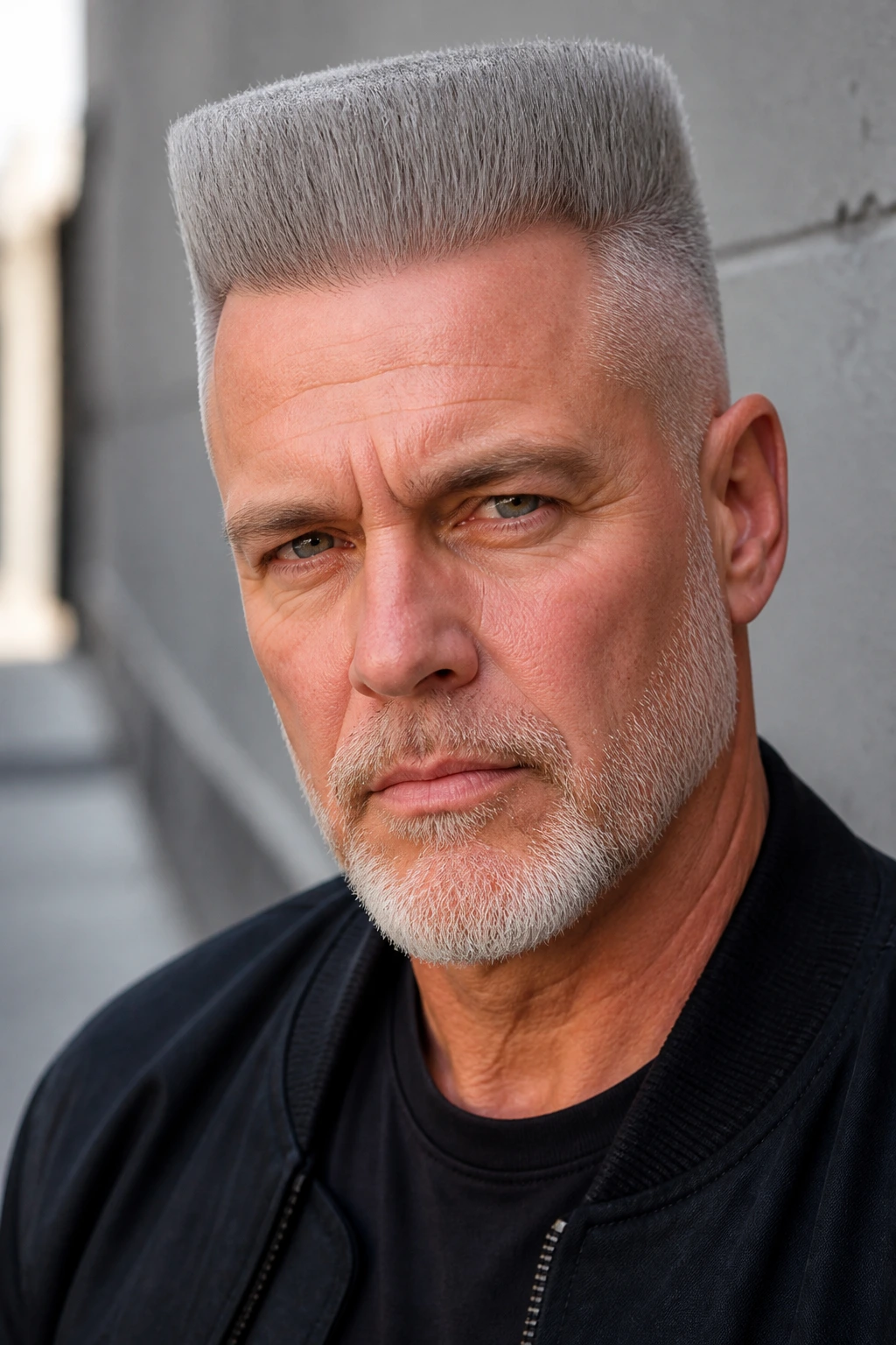 Close-up portrait of a man with a gray flat-top haircut.