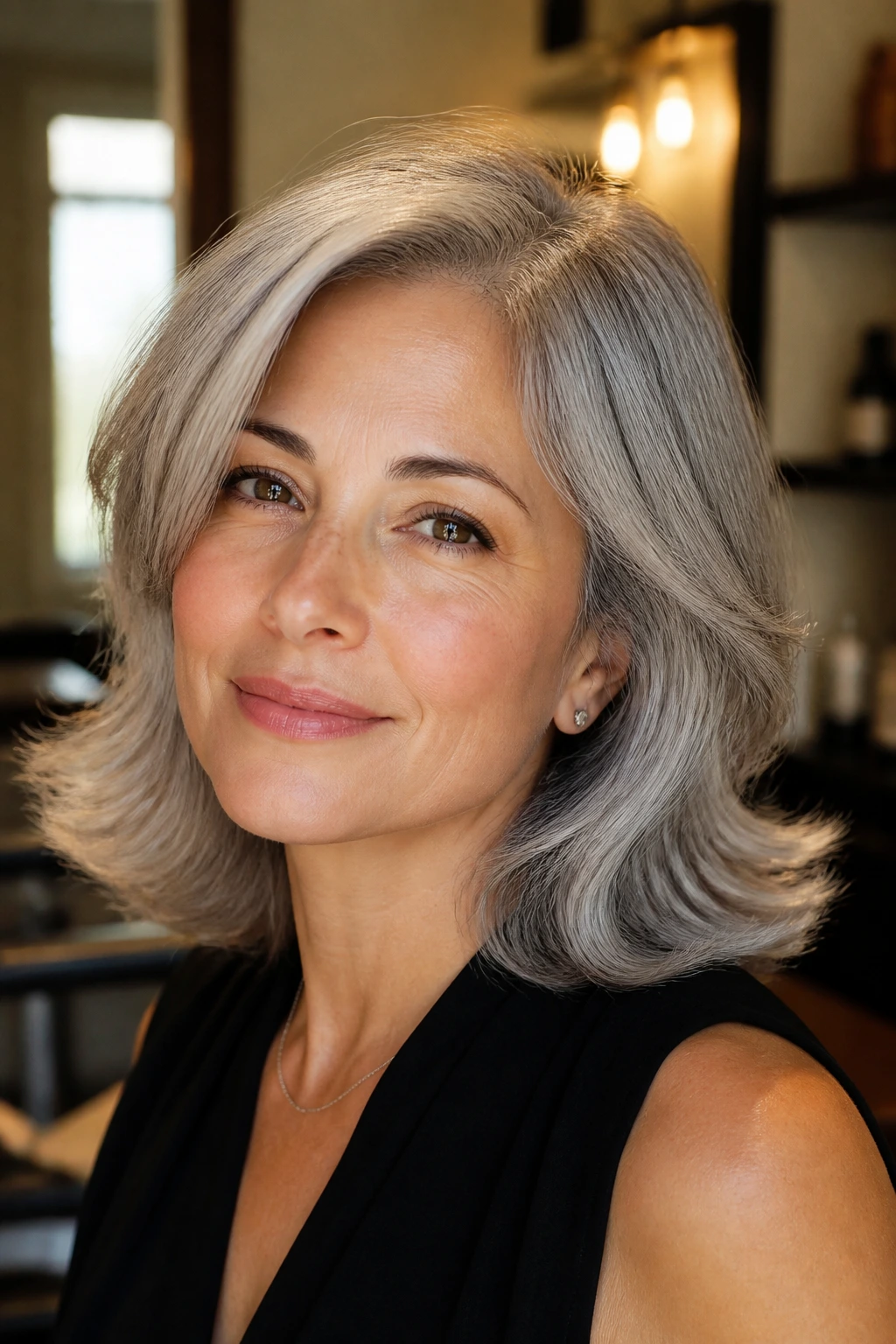 Close-up of a real person with flip-out retro ends on medium-length gray hair.