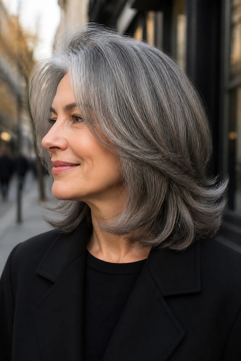 Close-up of a real woman with layered flip-out midi cut in an urban setting