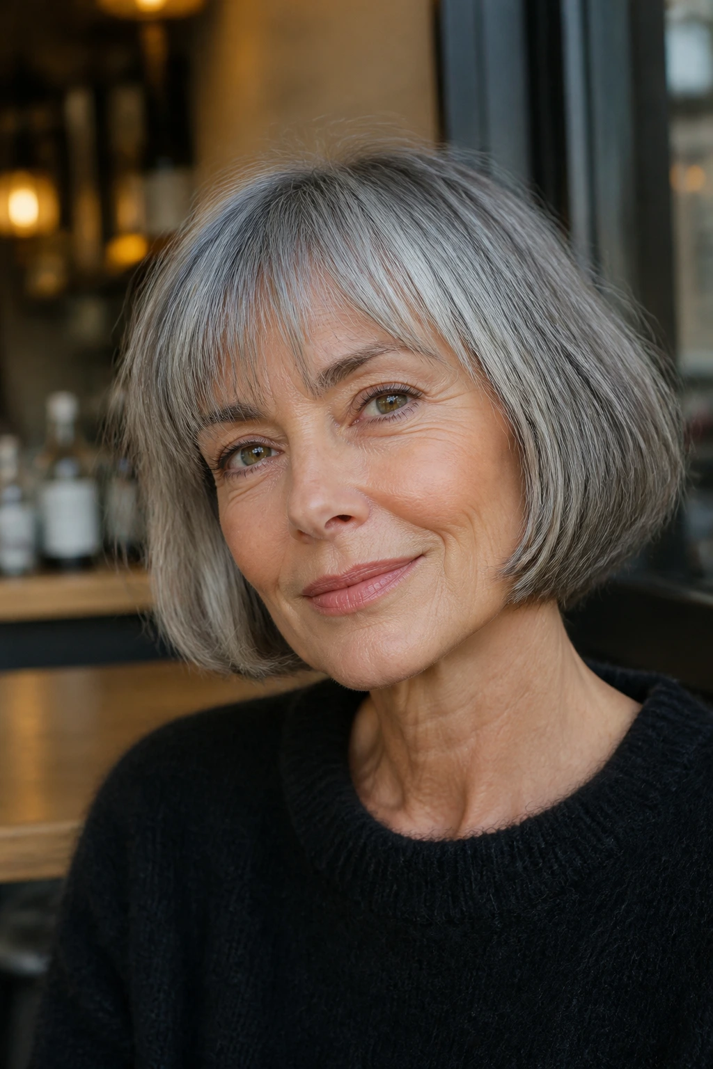 Close-up of a gray-haired woman with a French bob and soft fringe