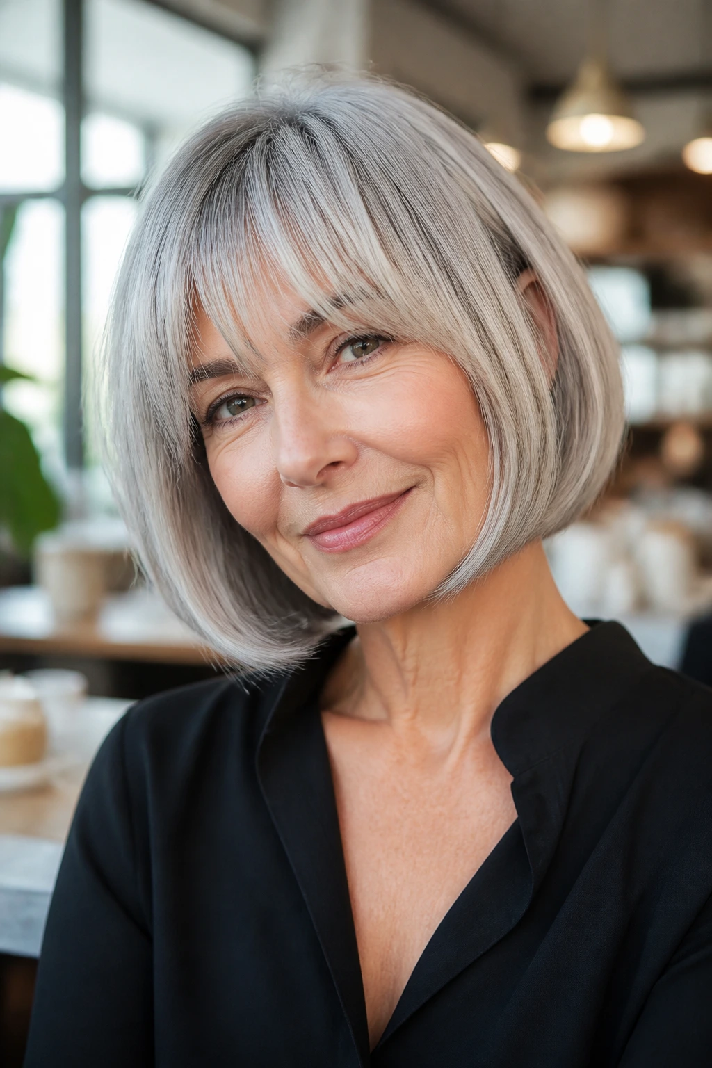 Close-up of a woman with French Bob with tucked-in ends in a bright cafe setting.