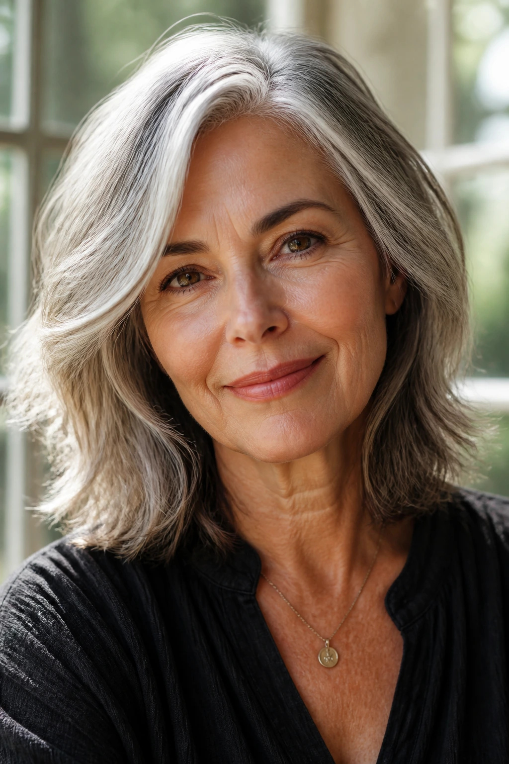 Portrait of a gray-haired woman with a fresh, modern shoulder-length cut in natural window light