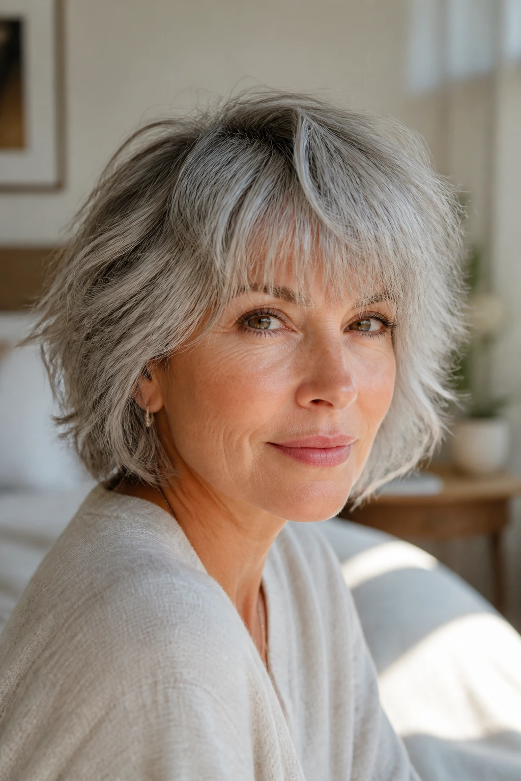 Close-up of thick gray hair with air-dried fringe and natural texture on a real person