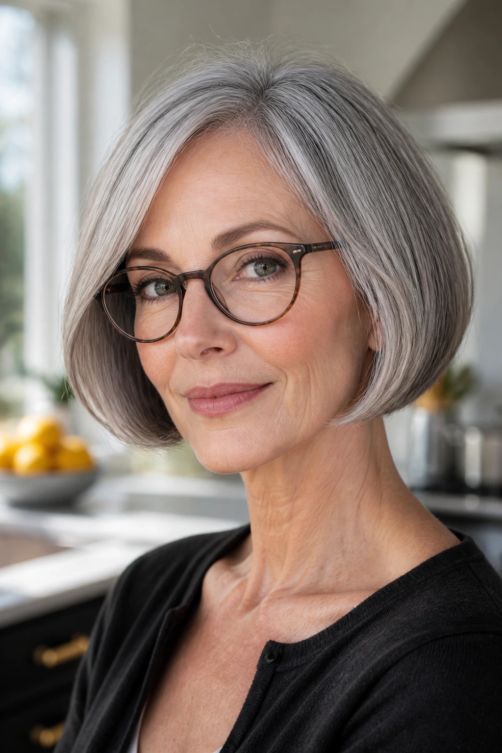 Silver-gray chin-length French bob with glasses in a bright kitchen setting.