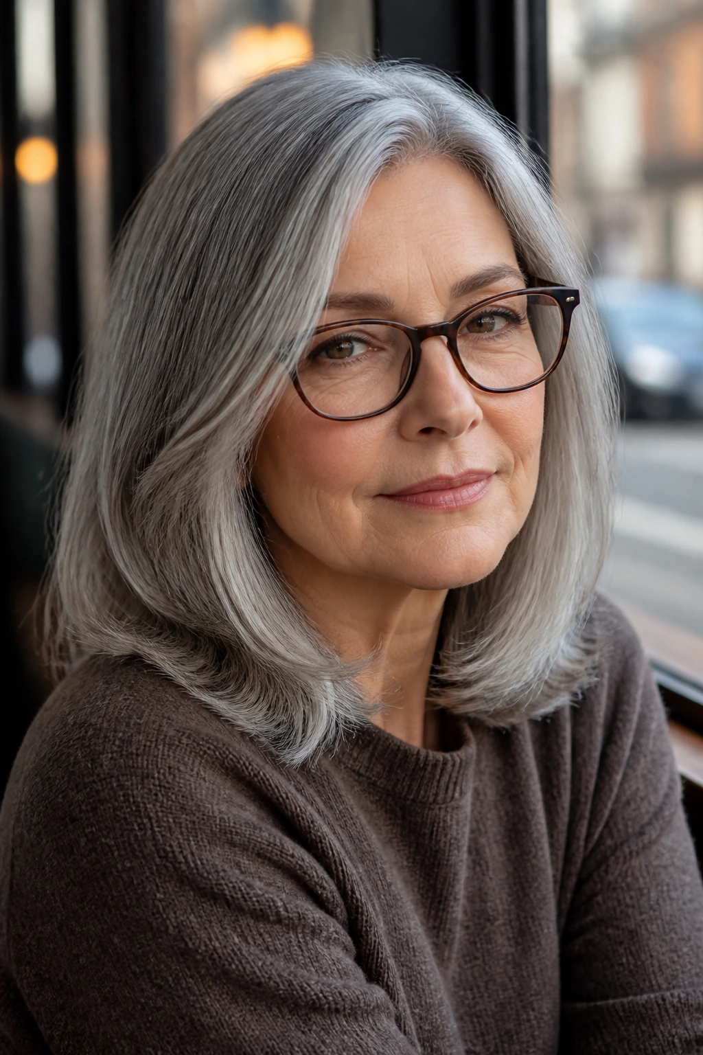 Close-up of gray layered lob hairstyle with glasses in a cafe setting.