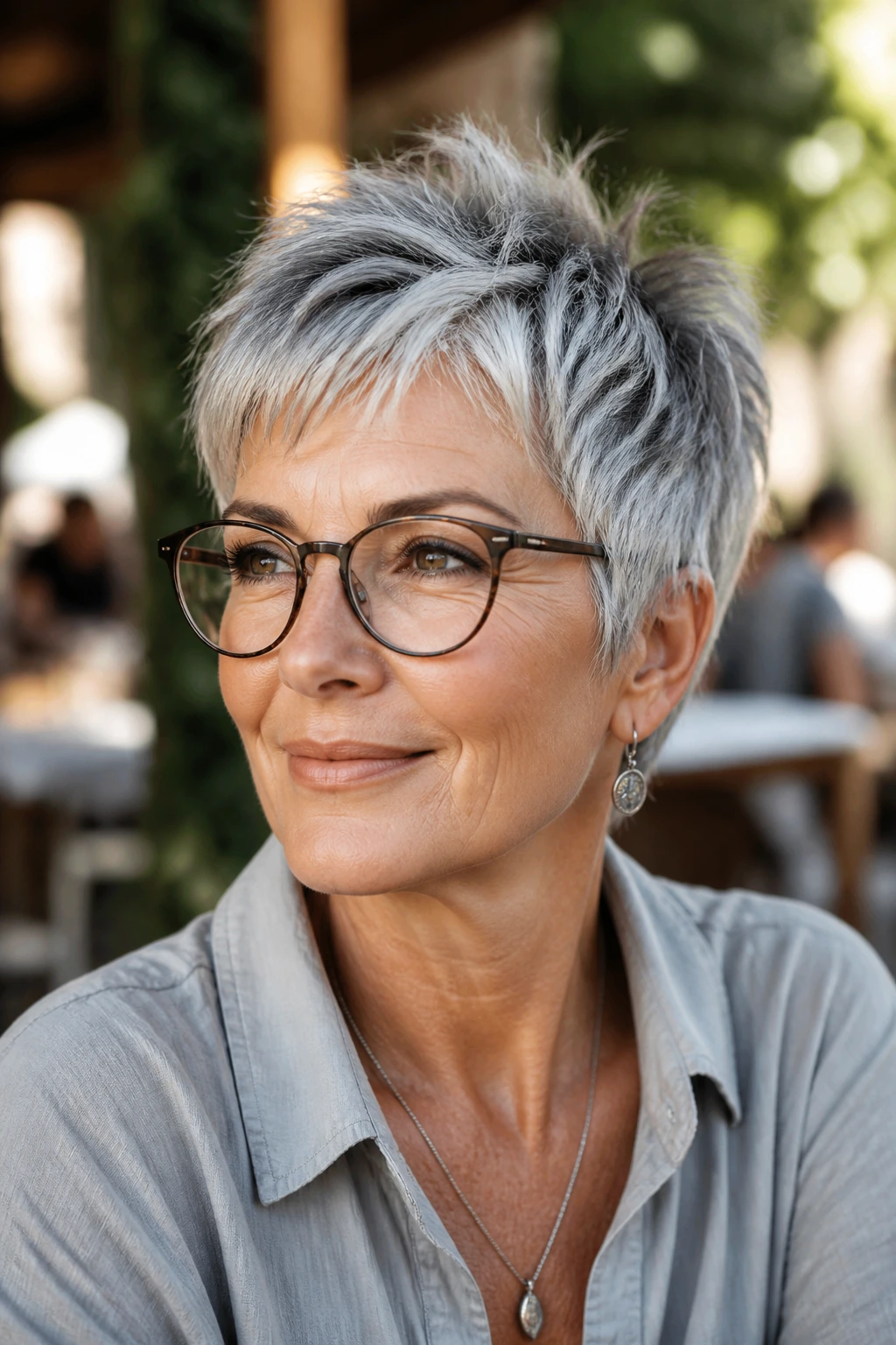 Gray feathered pixie hairstyle on a real woman wearing glasses outdoors.