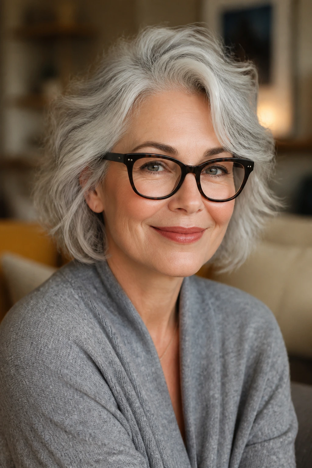 Close-up of a woman with gray hair and glasses, hair framing the eyes near the temples