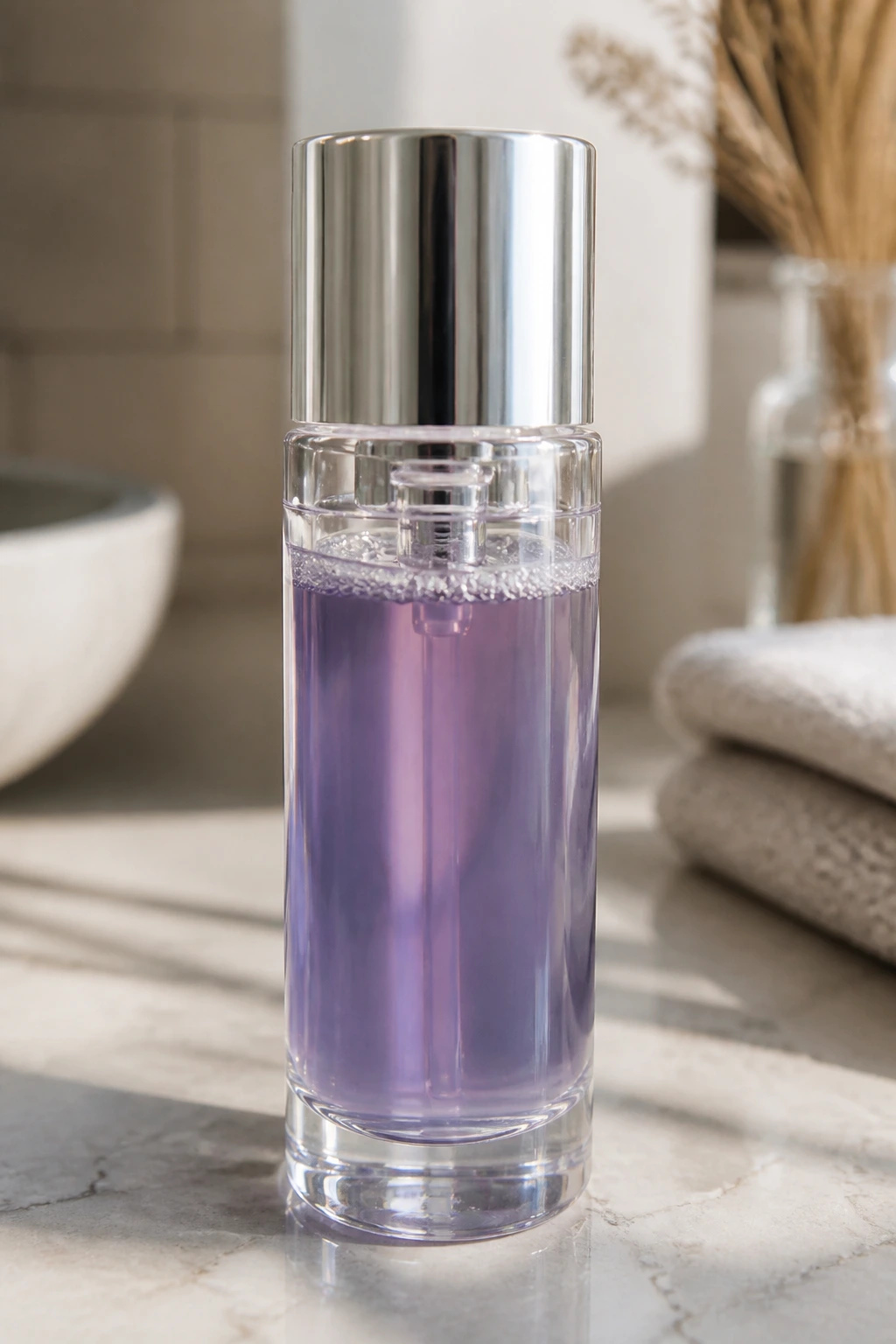 Close-up of a glass gloss bottle for gray hair on a bathroom counter