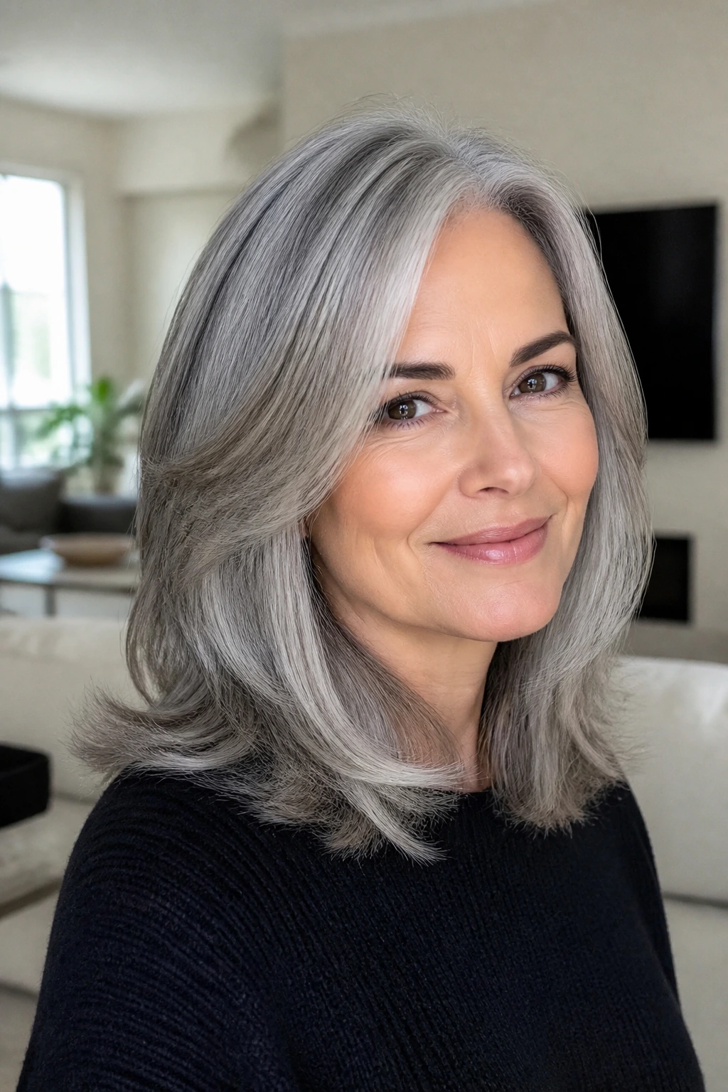 Close-up of a real woman with a glossy gray blowout on mid-length layers under natural daylight