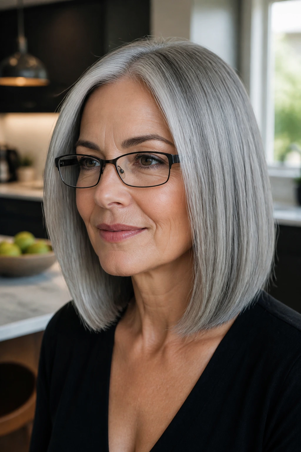 Close-up of a real woman with glossy straight gray lob and glasses in a bright kitchen