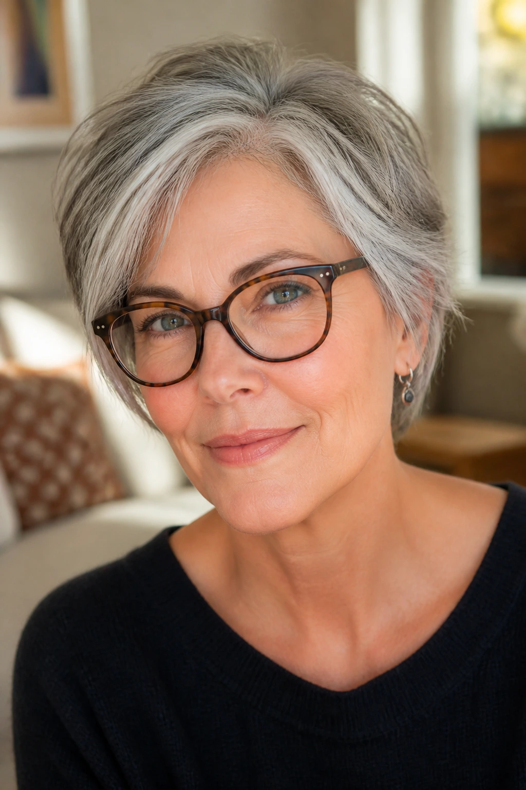 Gray-haired woman with balanced cut and glasses in living room setting