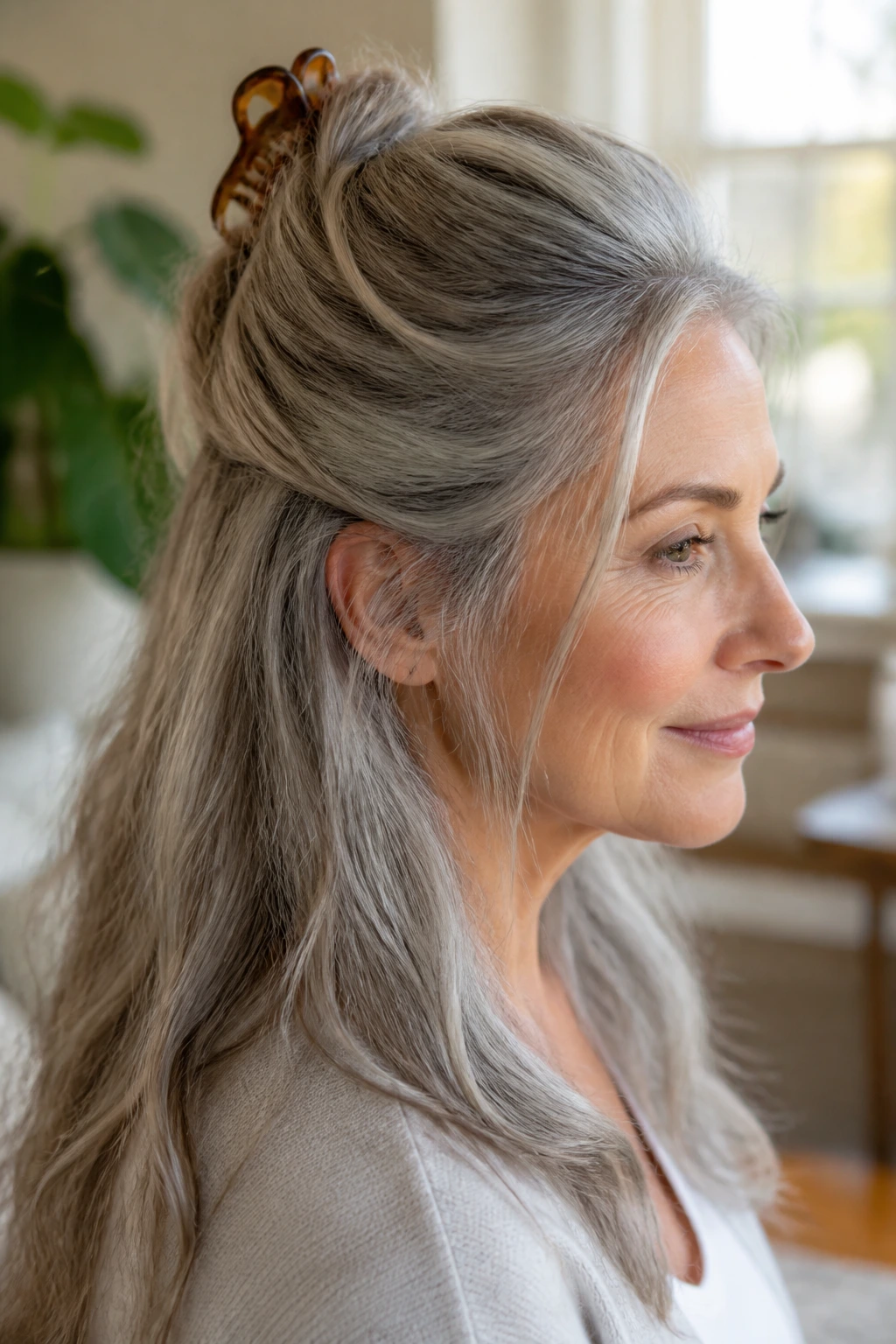 Close-up of a real woman with a claw-clip half-up gray hairstyle