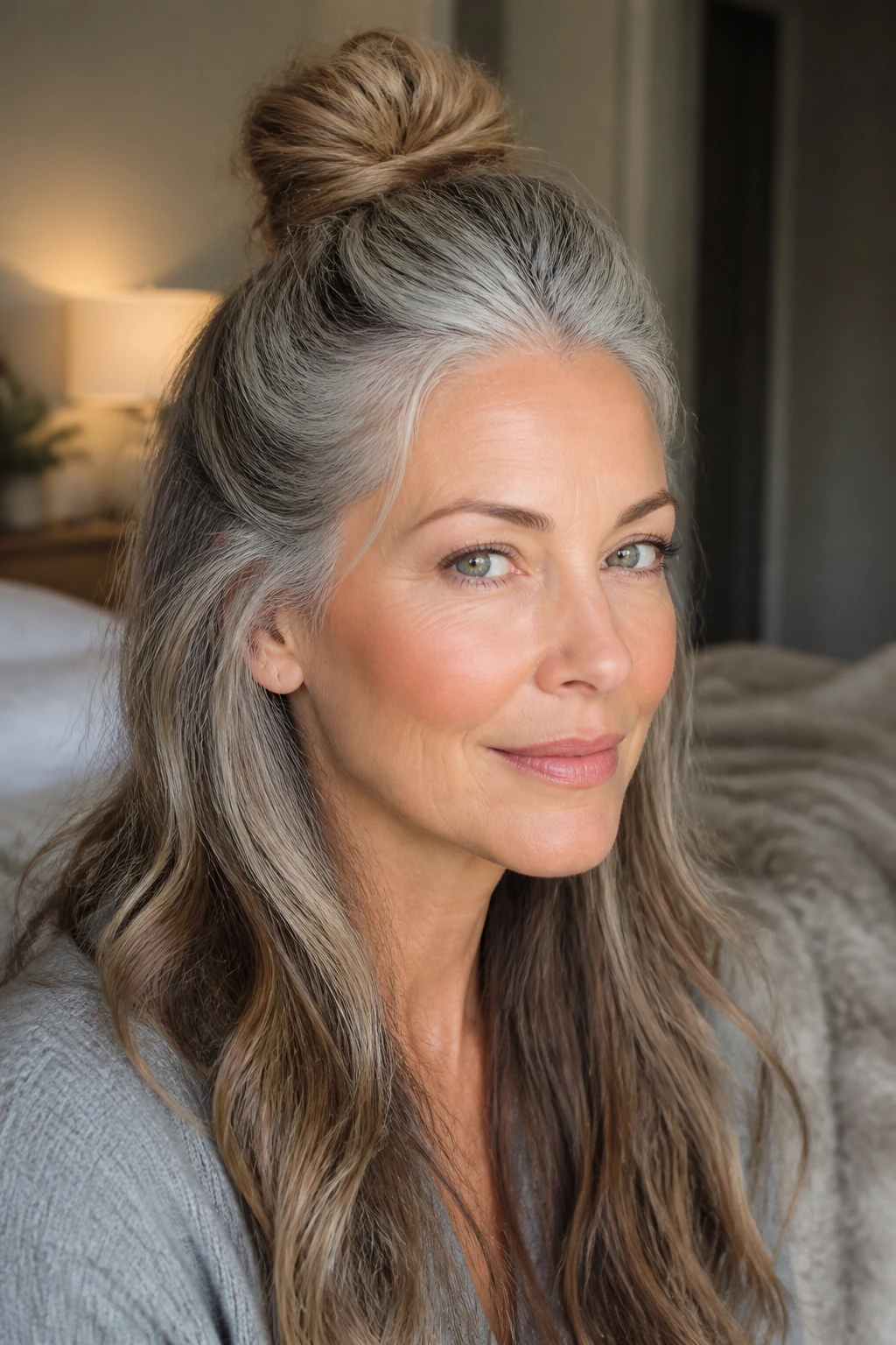 Close-up of a real woman with a half-up knot and mixed gray regrowth