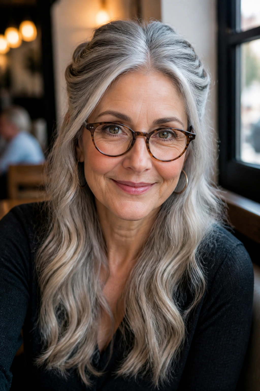 Portrait of a real woman with a half-up twisted crown on gray hair
