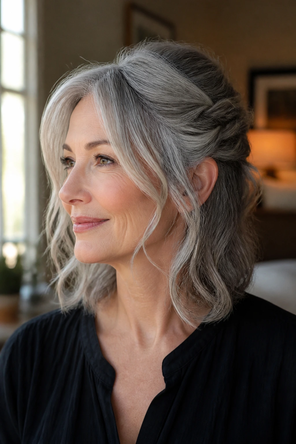 Close-up of a gray-haired woman with a half-up twist and loose face pieces.