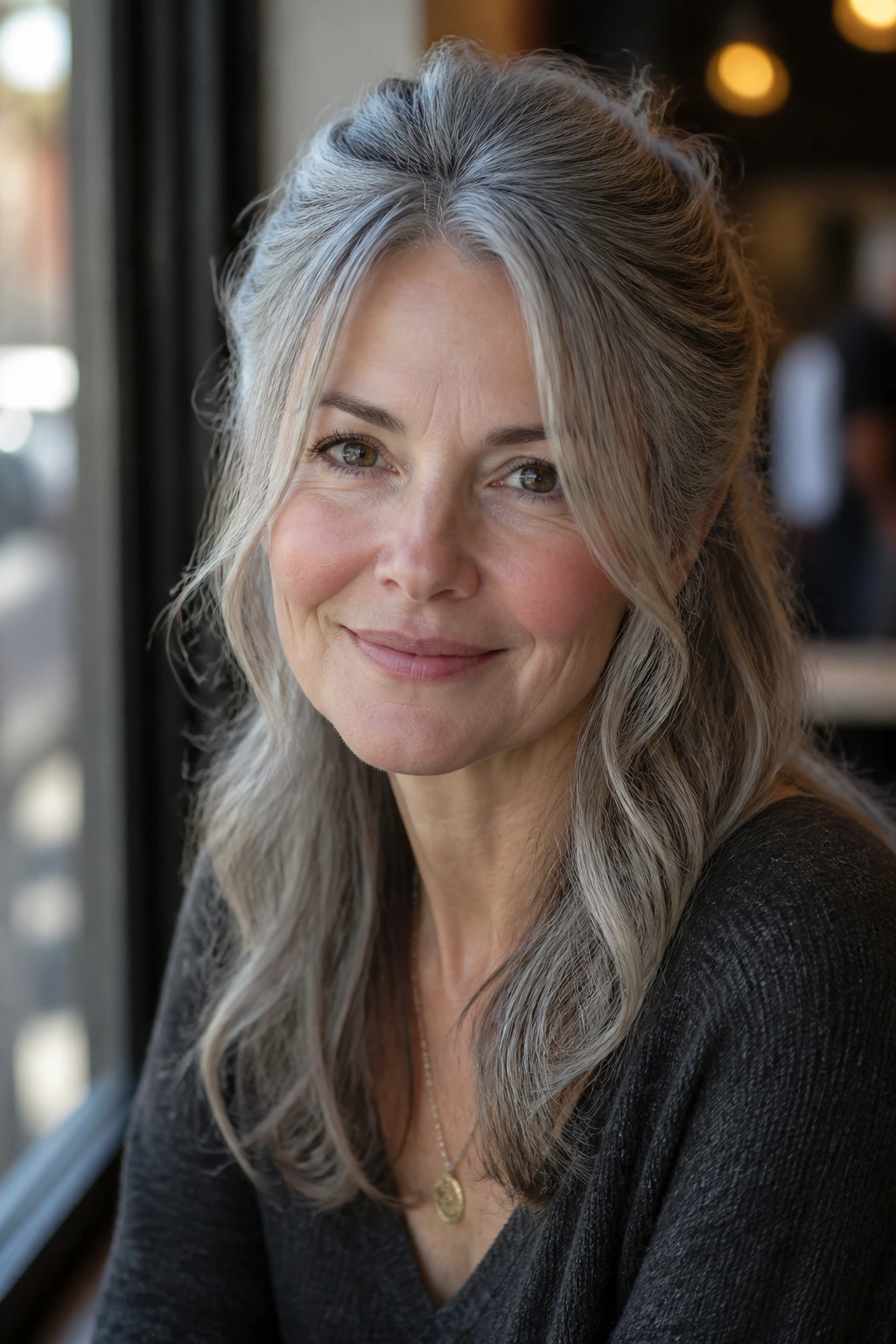 Portrait of real person showing half-up twist with face-framing pieces in thick gray hair