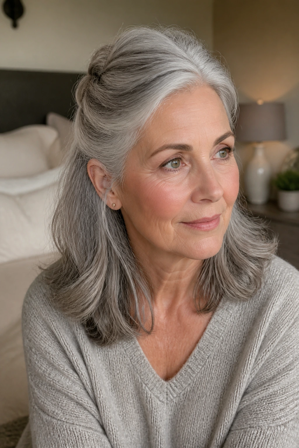 Close-up of a real woman with shoulder-length gray hair in a half-up twist