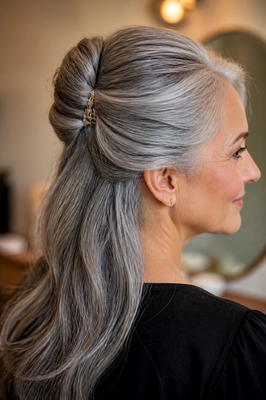 Portrait of a real woman with long gray hair in a French twist half-up